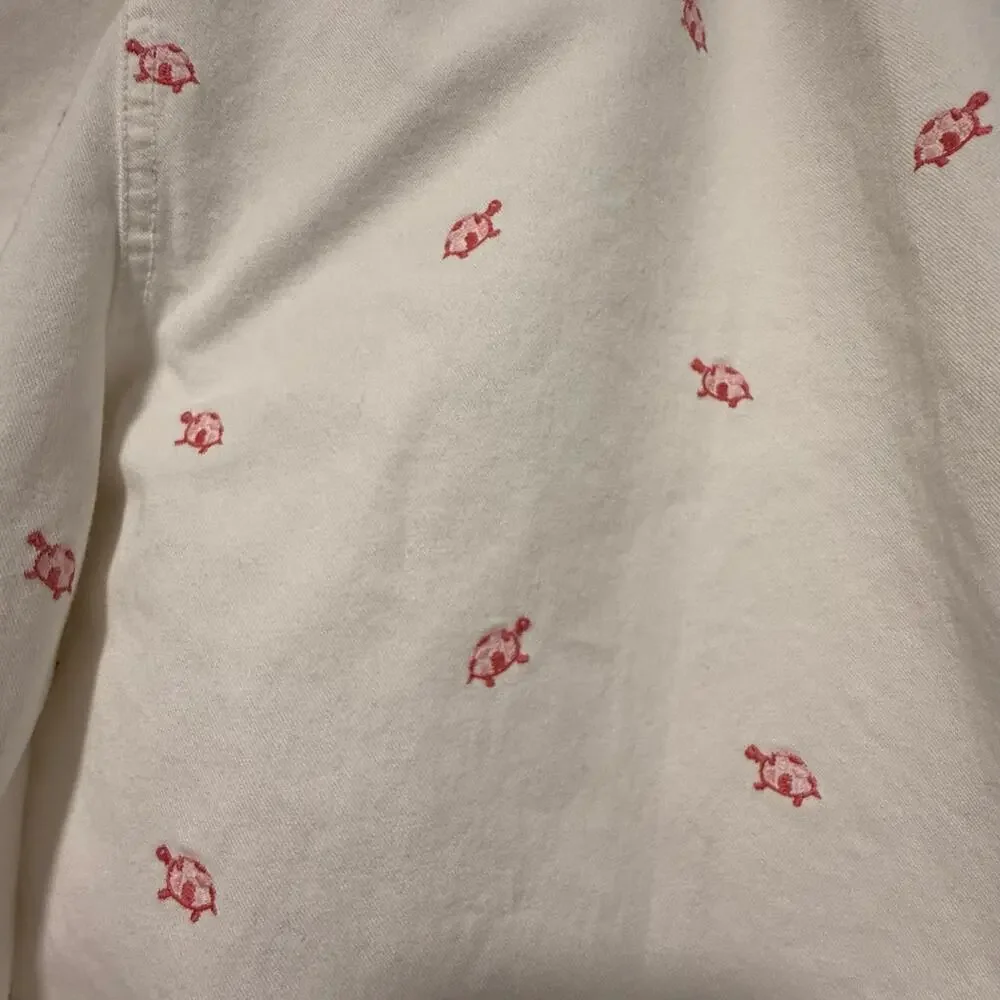 Women’s J Crew Favorite Fit White Crop Pants w embroidered pink turtles. Sz 12 - Picture 3 of 4